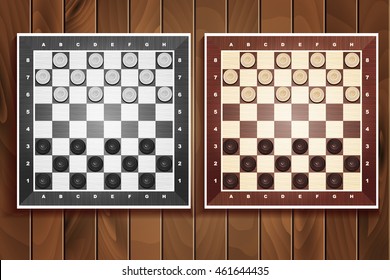 Vector set of chess boards on wooden background. checkers or draughts, a traditional board game with pieces in dark and light brown, vector illustration
