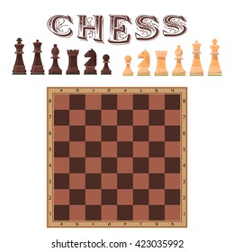 Vector set of chess figures. Illustration of chess piece and board. Icons and design elements isolated on white background.