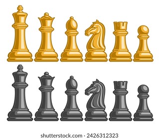 Vector set of Chess Pieces, collection of yellow and grey cut out illustrations of chess figures on white background