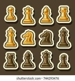 Vector set of Chess Pieces, collection of yellow and brown isolated wooden chess figures, classic king & queen, outline bishop and knight, glossy rook & pawn cutout pieces of different colors.