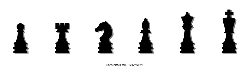 Vector set of chess pieces. A set of chess pieces. Figures of an elephant, a soldier, a king, a queen, a pawn for chess.