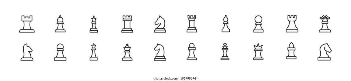 Vector set of chess thin line icons. Design of 20 stroke pictograms. Signs of chess isolated on a white background.