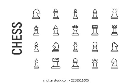 Vector set of chess thin line icons. Design of 20 stroke pictograms. Signs of chess isolated on a white background.