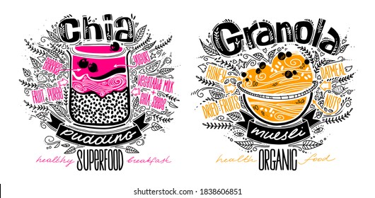 vector set of chia pudding and granola in doodle style with lettering on white. healthy food concept lifestyle. chia seeds smoothie, muesli recipes.