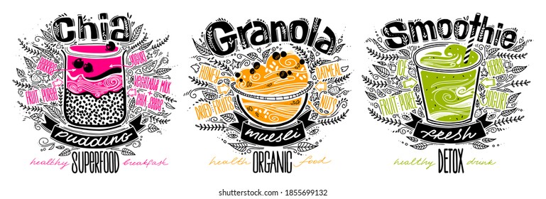 vector set of chia pudding, granola, smoothie in doodle style with lettering on white background. breakfast options. healthy food concept lifestyle.