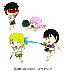 Vector set of chibi characters having fun at beach