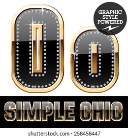 Vector set of chic black font with diamonds and  gold border. Letter O