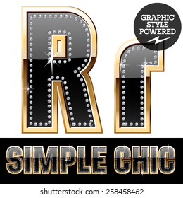 Vector set of chic black font with diamonds and  gold border. Letter R