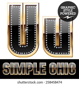 Vector set of chic black font with diamonds and  gold border. Letter U