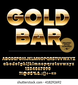 Vector set of chic gold alphabet letters, numbers and punctuation symbols. Sans ultra bold style