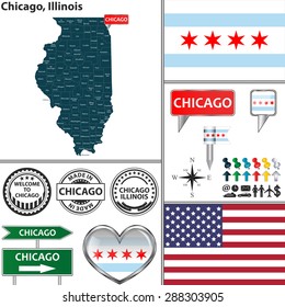 Vector set of Chicago, Illinois in USA with flag and icons on white background