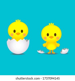 Vector set of chicken eggs hatching, little chicken character