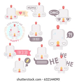 Vector set of chicken emoticons. Animal collection.