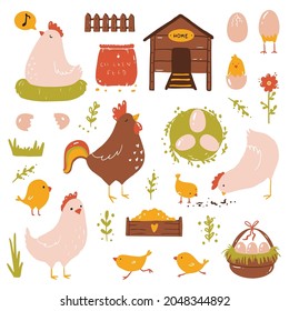 Vector set of chicken family: cock, hens, chicks, eggs, chicken coop, flowers and grass. Illustration on white background. isolated. Farm and domestic animals, birds. 