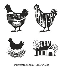 Vector set of chicken farm labels and design elements. Vintage chicken silhouettes, house farm, eggs and nest