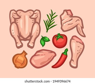 Vector set of chicken meat cartoon illustration. Raw chicken with vegetables and spices vector image.