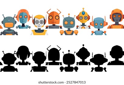 Vector set of child cheerful horizontal borders with black silhouette and colorful cartoon robots isolated from background. Collection of flat friezes with various cyborg toys for  brush and dividers