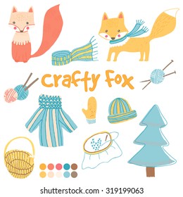 Vector set with child foxes and crafty goods. Hand drawn set with knitting, embroidery and winter clothes.