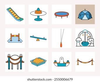 "Vector set of child playground elements in cartoon, clipart, and line art styles. Print-ready design."






