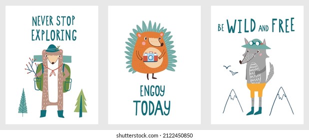 vector set of childish cute posters with animals on a hike with phrases. hedgehog with a camera wolf in the mountains meerkat with a backpack on a hike