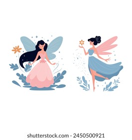 Vector set childish fairy, stars, moon, unicorn and other elements. Cartoon fairy for kids, girl. 