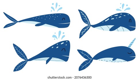Vector set of childish whales. Childrens hand-drawn set of blue whales.