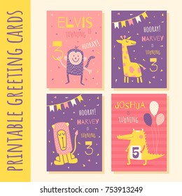 vector set of children birthday invitation cards with cute african animals