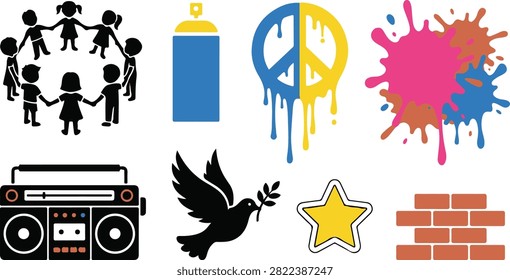 Vector set of children in circle, peace symbols, spray paint, and boombox. Celebrating community, harmony, and joyful expression with a lively feel.