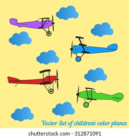 Vector set of children colored retro planes and blue clouds