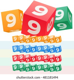 Vector set of children cube alphabet. Optional colorful graphic styles. Number 9