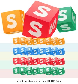 Vector set of children cube alphabet. Optional colorful graphic styles. Letter S