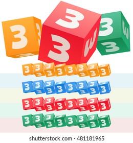 Vector set of children cube alphabet. Optional colorful graphic styles. Number 3