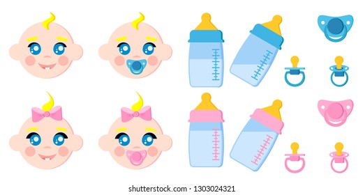 Vector set of children faces icons, baby bottles with milk, pacifiers, baby dummies, blonde boy and girl with dummy isolated on white background. Vector illustration in cartoon flat style.