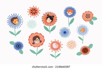 Vector set of children in flowers. Design element for card, poster, banner, and other use.