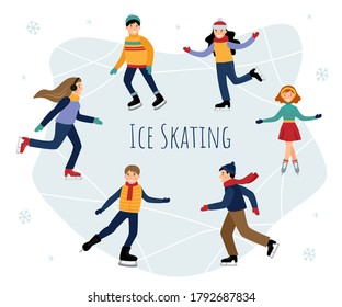 Vector set with children ice skating. Children ice skating on a frozen lake. Winter fun.