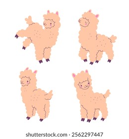 Vector set of children illustrations of alpacas. Cute cartoon lamas. Funny animal character.
