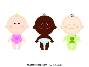 vector set children or kids. Asian black white in clothes diaper, pants, pajamas, T-shirt, body