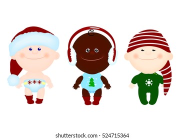 vector set children kids Asian black white in christmas clothes, red socks and hats