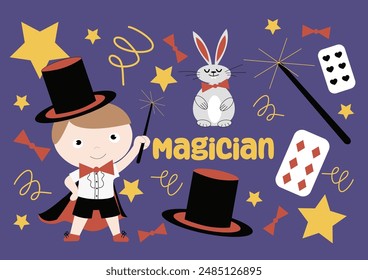 Vector set of Children magic illustrations with magician boy, bunny, had and magic wand for invitation to birthday party or children's halloween	