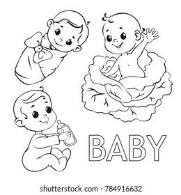 vector set. children. newborn. in the cabbage. in the blanket. drinks milk.