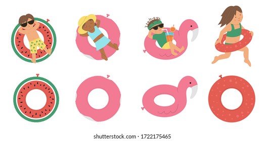 Vector set with children on inflatable rings. Kids floating on the funny rubber circles.  Swimming equipment isolated on white background. Fun summer illustration