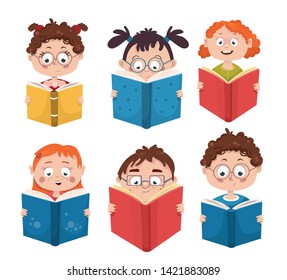 vector set of children reading a book