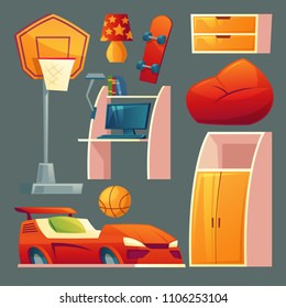 Vector Set Of Children S Bedroom - Furniture, Toys For Boy Room. Bed As A Sport Car, Basketball Equipment And Closet In Cartoon Style. Design Elements For Kids Interior