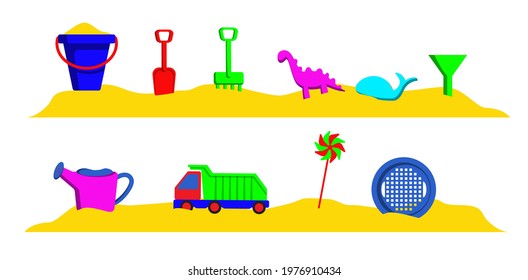 Vector set of children sand box toys with spade, bucket, rake, sifter, funnel, watering can, rake, dump truck, pinwheel, molds. Summer toys for rest.