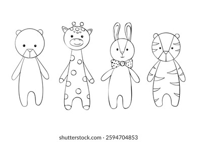 Vetor Conjunto de crianças brinquedos macios. Esboço de bonecas bebê Urso fofo, coelho, girafa e tigre. Desenho de mão gravura animal ilustração para cartão, convite, chá de bebê, cartaz, impressão.