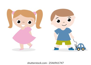 Vector set of a children.  Son and daughter on white background. Cute boy and girl