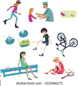 Vector Set. Children And Sports. Injuries. Bandaging.