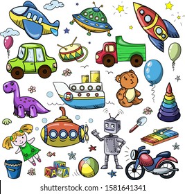 Vector set with children toys. Icons for education, kindergarten, nursery, teachers.