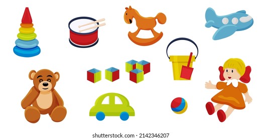 Vector set of children toys. Set of icons for story.