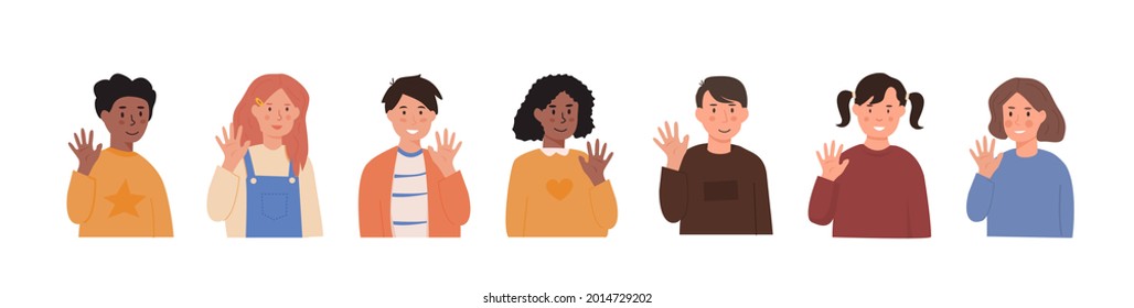 Vector set of children waving hands. Smiling little kids in greeting gesture. Collection of boys and girls raising hands saying hi or bye. Elementary school students or kindergarten pupils characters.